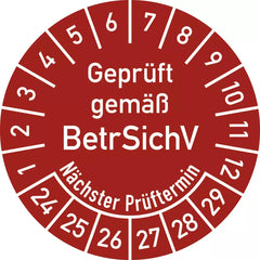 Prüfplakette Geprüft gemäß BetrSichV...2024 - 2029, Folie, Ø 30 mm, 10 Stk./Bog.