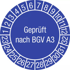 Prüfplakette Geprüft nach BGV A3 2023 - 2032, Folie, Ø 30 mm, 10 Stück/Bogen