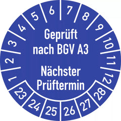 Prüfplakette Geprüft nach... 2023 - 2028, Folie, Ø 30 mm, 10 Stück/Bogen