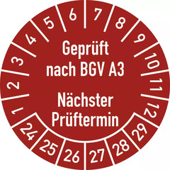 Prüfplakette Geprüft nach... 2024 - 2029, Folie, Ø 30 mm, 10 Stück/Bogen