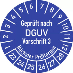 Prüfplakette Geprüft nach DGUV V3..., 2023-2028, Folie, Ø 20 mm, 500 Stück/Rolle