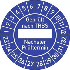 Prüfplakette Geprüft nach TRBS... 2023 - 2032, Folie, Ø 30 mm, 10 Stück/Bogen