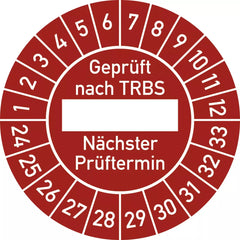 Prüfplakette Geprüft nach TRBS... 2024 - 2033, Folie, Ø 30 mm, 10 Stück/Bogen