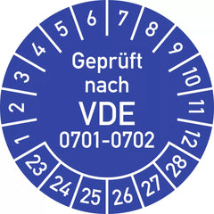 Prüfplakette Geprüft nach VDE 0701-0702 2023-2028, Folie, Ø 30 mm, 10 Stück/Bogen