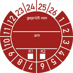 Prüfplakette geprüft von am K1/K2 2023 - 2026, Folie, Ø 30 mm, 10 Stück/Bogen