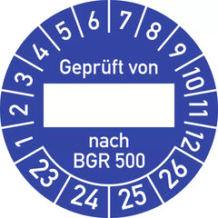 Prüfplakette Geprüft von nach BGR 500 2023-2026, Folie, Ø 30 mm, 10 Stück/Bogen