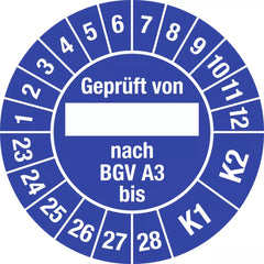 Prüfplakette Geprüft von nach BGV A 3 bis K1/K2 2023-2028, Folie, Ø30 mm, 10St./Bo.