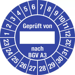 Prüfplakette Geprüft von nach BGV A3 2023 - 2032, Folie, Ø 25 mm, 10 Stück/Bogen