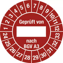 Prüfplakette Geprüft von nach BGV A3 2024 - 2033, Folie, Ø 25 mm, 10 Stück/Bogen