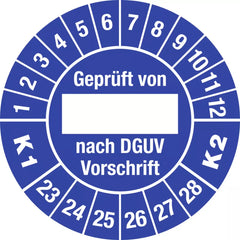 Prüfplakette Geprüft...DGUV...K1 K2, 2023 - 2028, Folie, Ø 30 mm, 10 Stück/Bogen