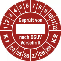 Prüfplakette Geprüft...DGUV...K1 K2, 2024 - 2029, Folie, Ø 30 mm, 10 Stück/Bogen