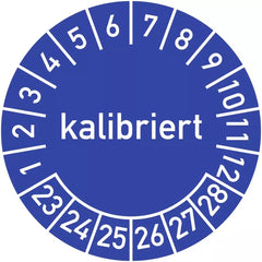 Prüfplakette kalibriert 2023 - 2028, Folie, Ø 15 mm, 10 Stück/Bogen