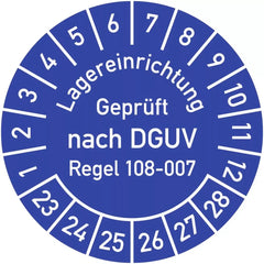 Prüfplakette Lagereinrichtung...Regel 108-007 2023-2028, Folie, Ø 30 mm, 10 St./Bo.