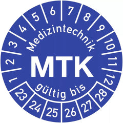 Prüfplakette Medizintechnik MTK 2023-2028, Polyesterfolie, Ø 15 mm, 10 Stk./Bog.