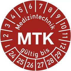 Prüfplakette Medizintechnik MTK 2024-2029, Polyesterfolie, Ø 15 mm, 10 Stk./Bog.