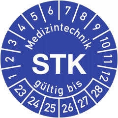 Prüfplakette Medizintechnik STK 2023-2028, Polyesterfolie, Ø 15 mm, 10 Stk./Bog.