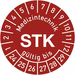 Prüfplakette Medizintechnik STK 2024-2029, Polyesterfolie, Ø 15 mm, 10 Stk./Bog.