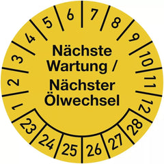 Prüfplakette Nä. Wartung/Nä. Ölwechsel 2023-2028, Dokumentenfolie, Ø30mm, 10St./Bo.