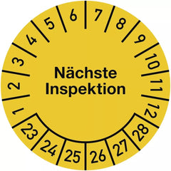 Prüfplakette Nächste Inspektion 2023-2028, Dokumentenfolie, Ø 30 mm, 10 Stk./Bog.