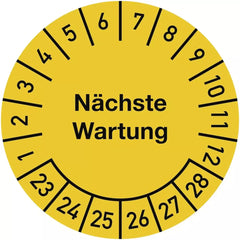 Prüfplakette Nächste Wartung 2023-2028, Dokumentenfolie, Ø 25 mm, 10 Stück/Bogen