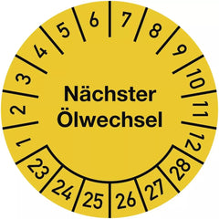 Prüfplakette Nächster Ölwechsel 2023-2028, Dokumentenfolie, Ø 25 mm, 10 Stk./Bo.