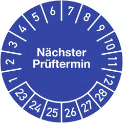 Prüfplakette Nächster Prüftermin 2023 - 2028, Folie, Ø 15 mm, 10 Stück/Bogen