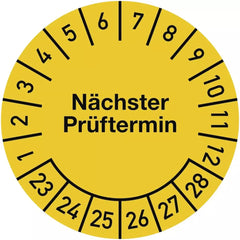 Prüfplakette Nächster Prüftermin 2023-2028, Folie, gelb, Ø 15 mm, 10 Stück/Bogen