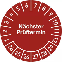 Prüfplakette Nächster Prüftermin 2024 - 2029, Folie, Ø 15 mm, 10 Stück/Bogen