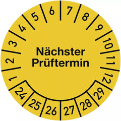 Prüfplakette Nächster Prüftermin 2024-2029, Folie, gelb, Ø 15 mm, 10 Stück/Bogen