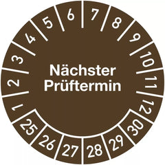 Prüfplakette Nächster Prüftermin 2025 - 2030, Folie, Ø 15 mm, 10 Stück/Bogen