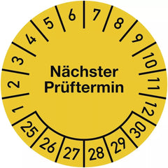 Prüfplakette Nächster Prüftermin 2025-2030, Folie, gelb, Ø 15 mm, 10 Stück/Bogen