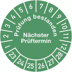 Prüfplakette Prüfung bestanden... 2023 - 2028, Folie, Ø 30 mm, 10 Stück/Bogen