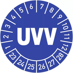 Prüfplakette UVV 2023 - 2028, Folie, Ø 30 mm, 10 Stück/Bogen