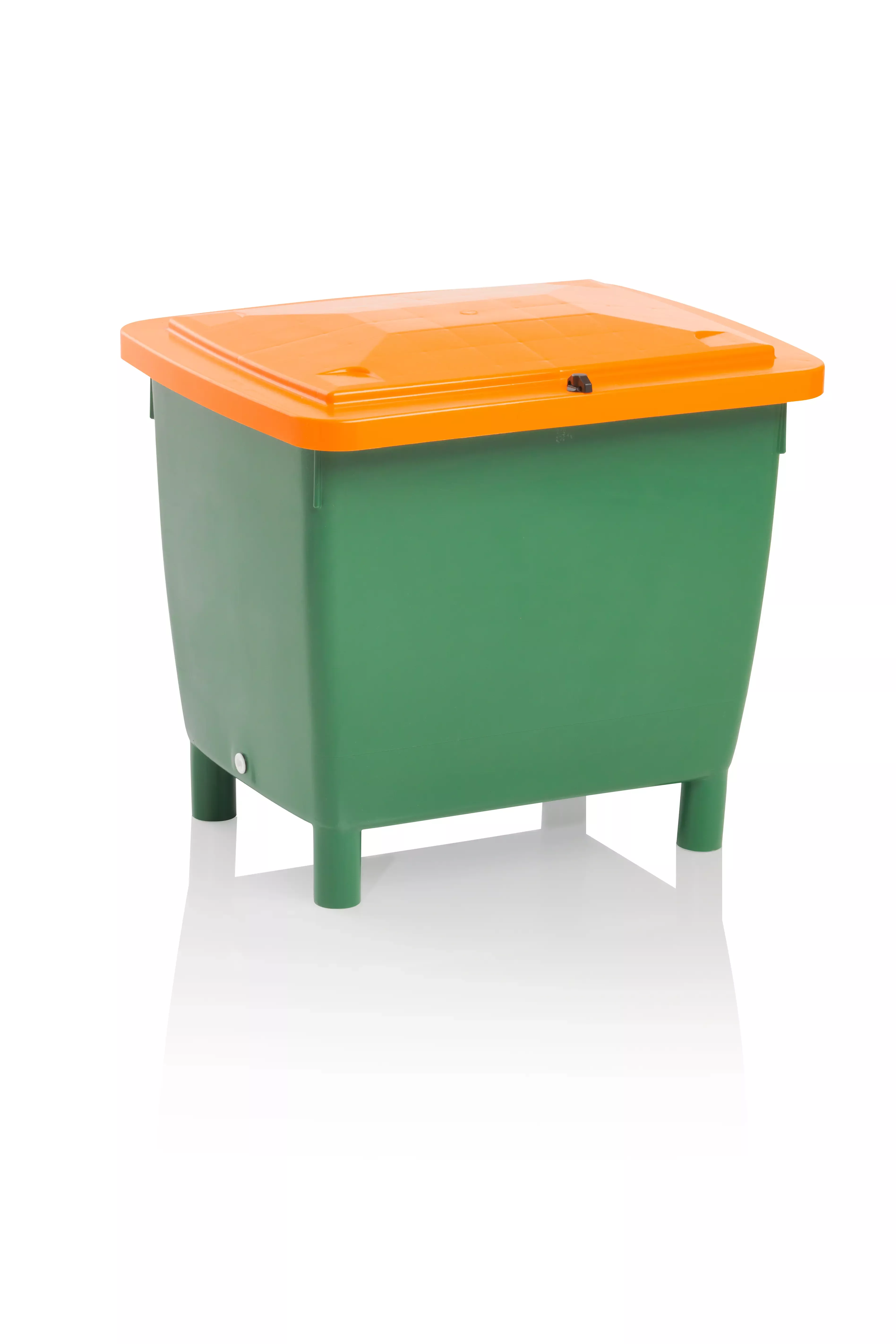 Streugutbehälter, HDPE grün/orange 210 Liter, vorgebohrt für Scharniere mit verzinkten Leisten -- VE 5 St.
