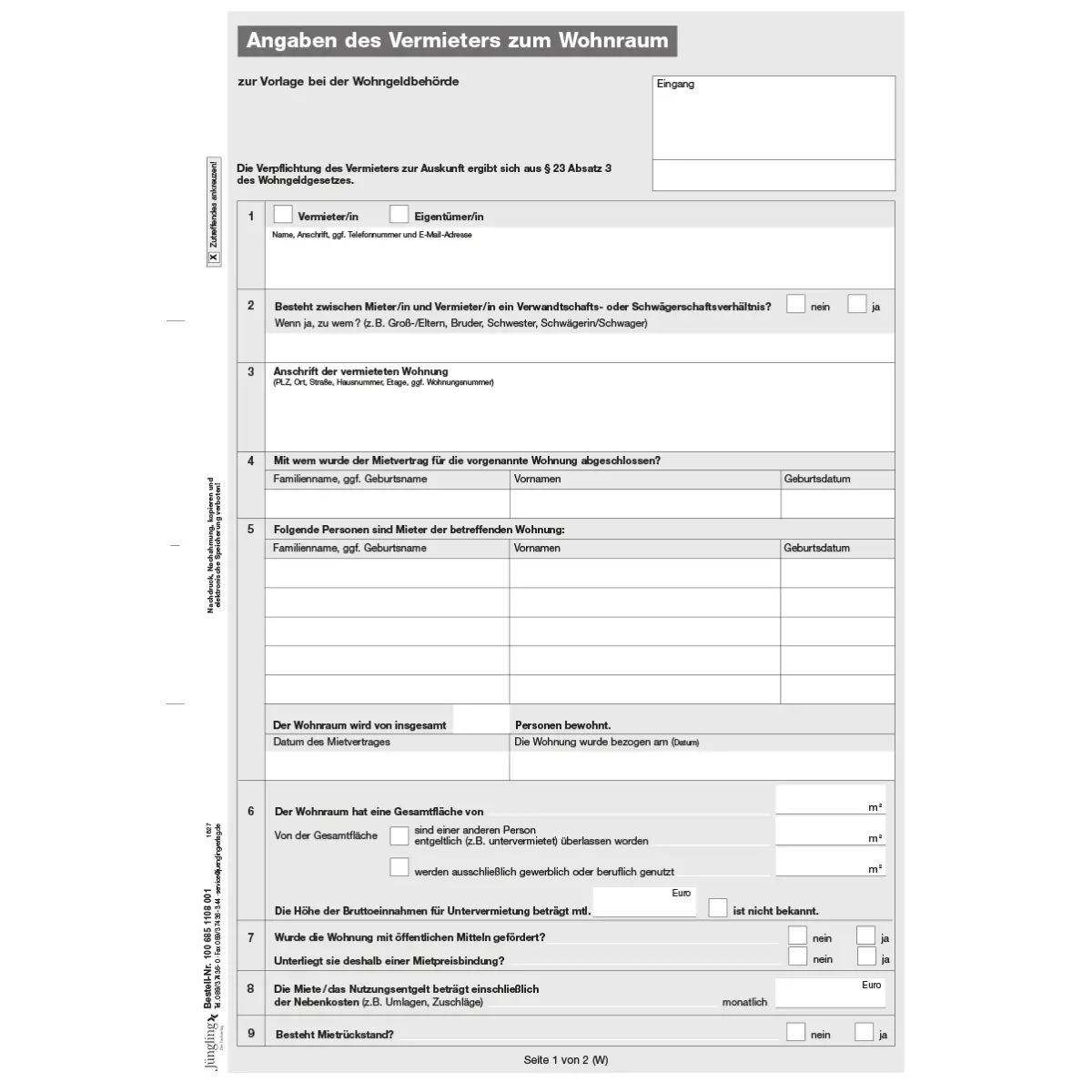 Formulare und Vordrucke Angaben des Vermieters zum Wohnraum, DIN A4, weiß, 25 Stück für Bürobedarf