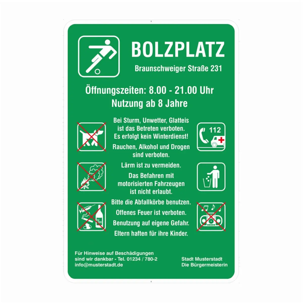 Kinderspielplatz Spiel- und Sportanlagenschilder, Bolzplatz, grün-weiß, 630 x 420 mm, 2 mm RA1 A für Warnen und hinweisen