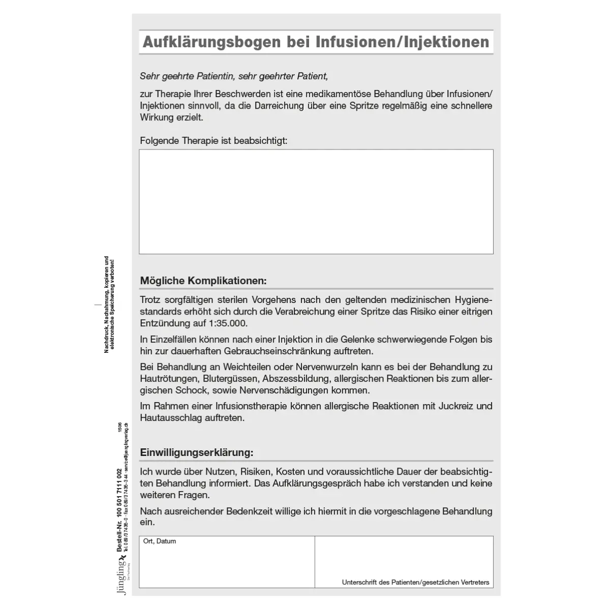 Formulare und Vordrucke Aufklärungsbogen Infusion Injektion, DIN A5, 2-fach, SD, 100 Satz für Bürobedarf
