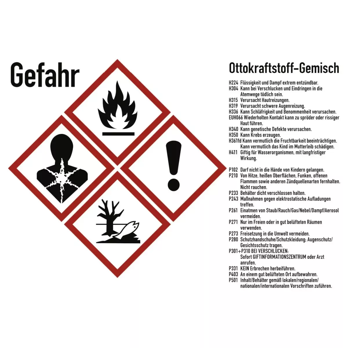 Gefahrstoffkennzeichnung Ottokraftstoff Gemisch, GHS, Folie, 210x148 mm, Idx 2019