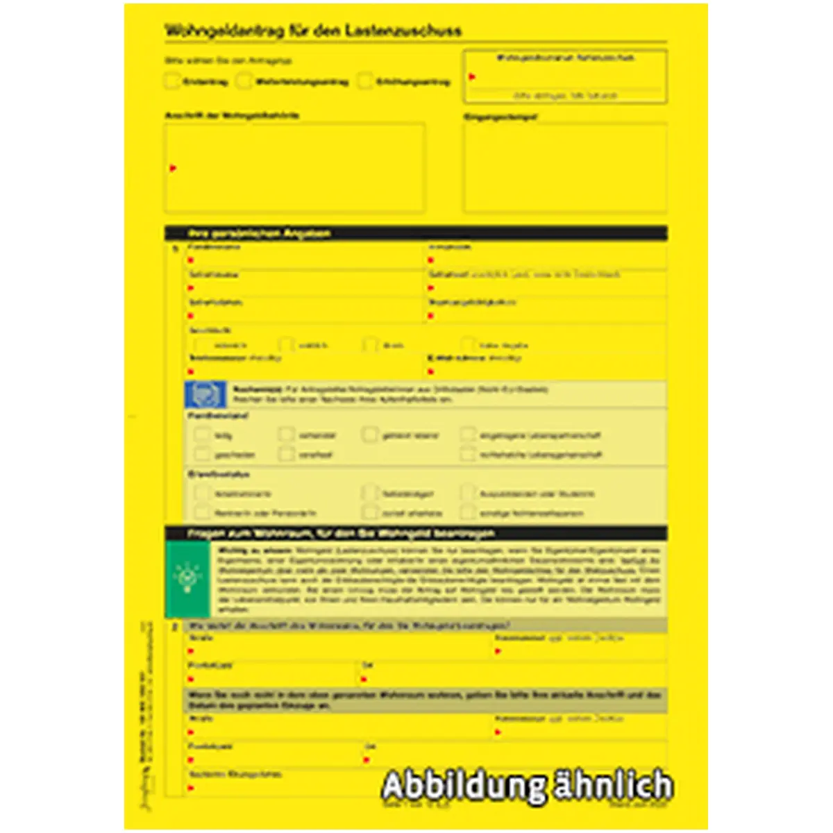 Formulare und Vordrucke Antrag auf Wohngeld - Lastenzuschuss, A4 12-seitig, gelb, 100 Stück für Bürobedarf
