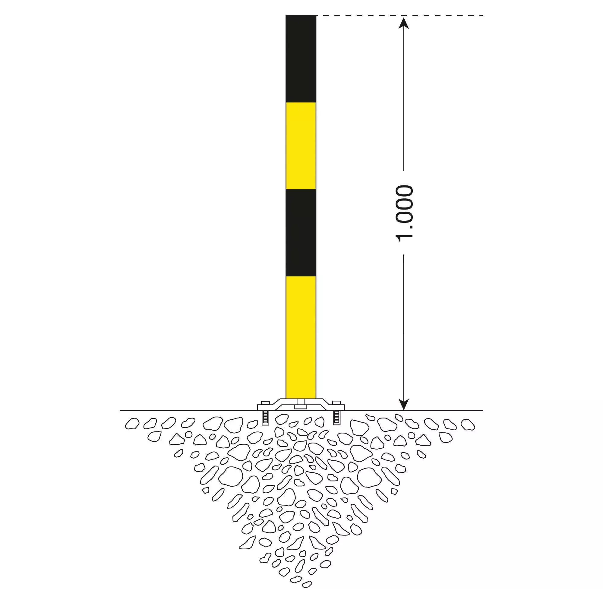 Sperrpfosten Parat B, Ø 76 x 1000 mm, aus Stahl, schwarz-gelb, feuerverzinkt, herausnehmbar mit Dreikantverschluss nach DIN 3223, mit Bodenplatte, eine Öse