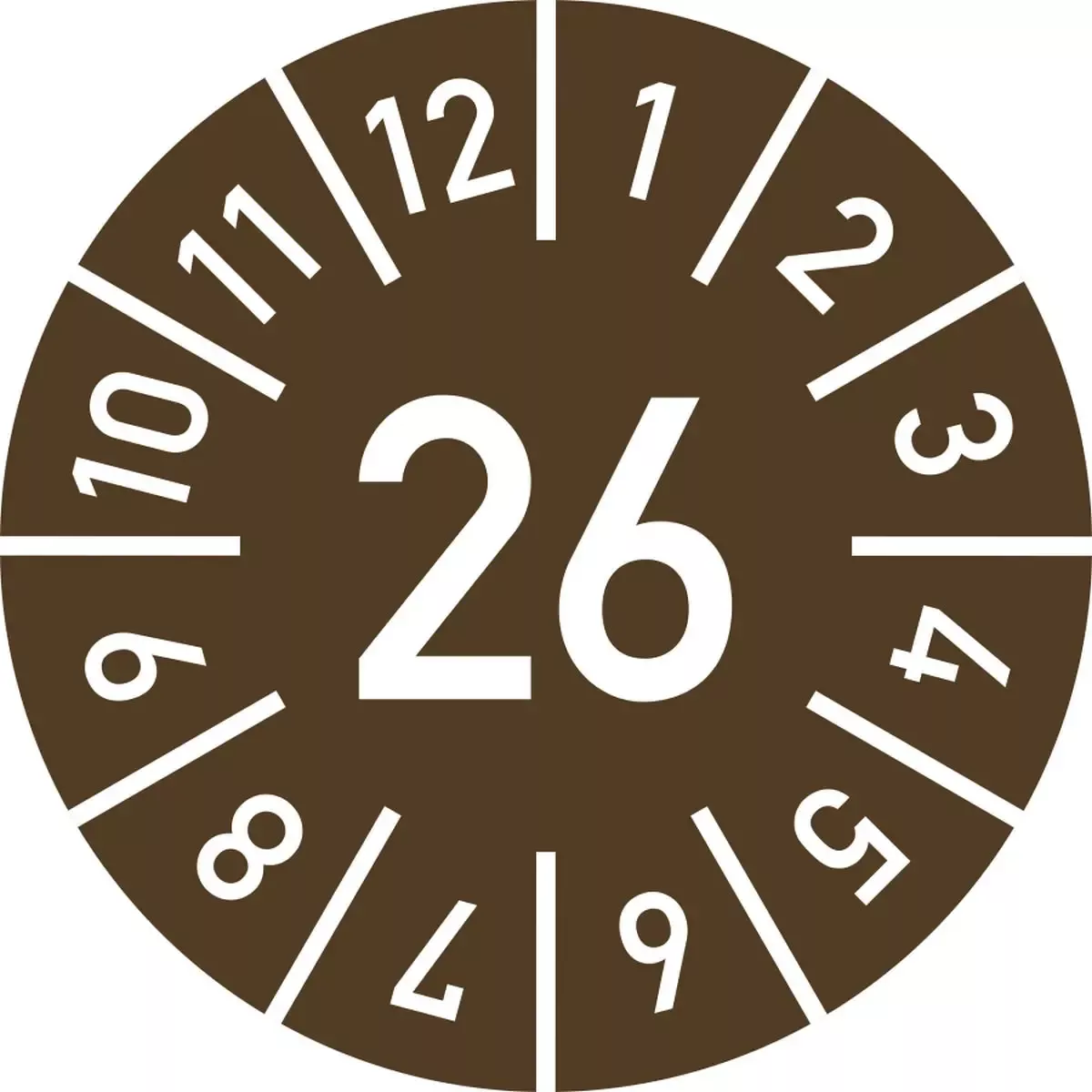 Hinweisschilder Prüfplakette Jahr 26 mit Monaten, braun, Folie, Ø 10 mm, 10 St. Bo. für Warnen und hinweisen