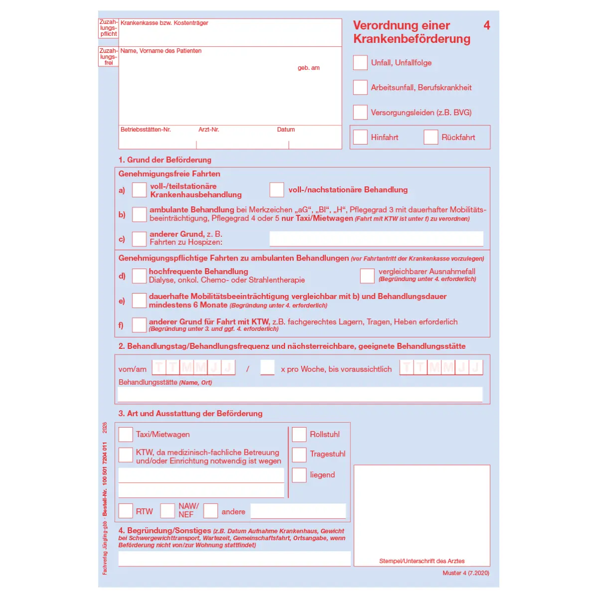 Formulare und Vordrucke Verordnung einer Krankenbeförderung für Privatärzte, DIN A5, 10 Stück für Bürobedarf