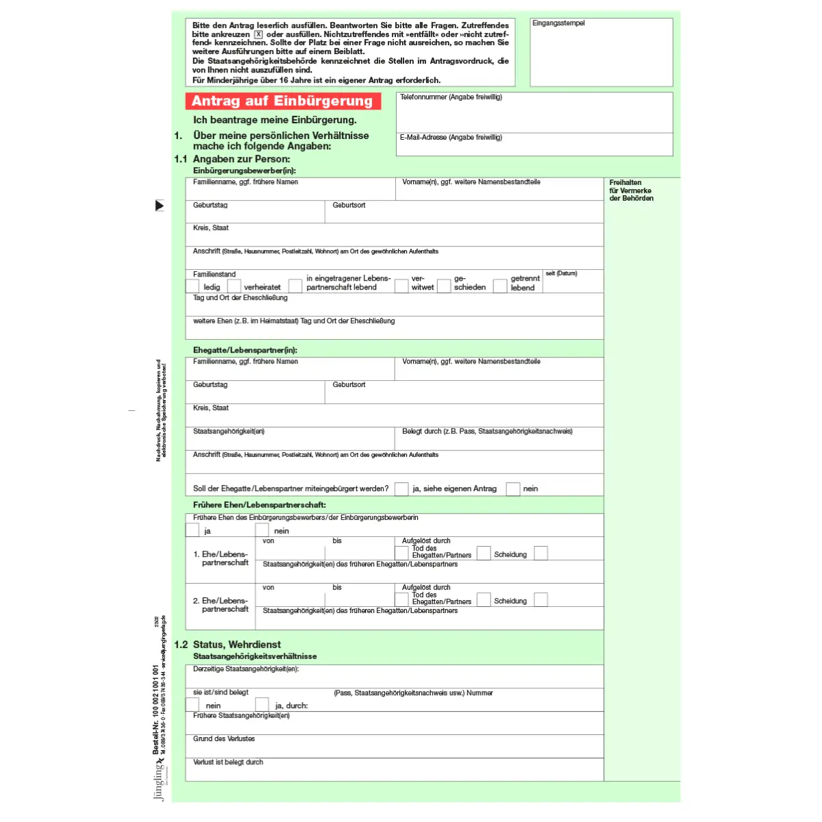 Formulare und Vordrucke Einbürgerungsantrag Ermessenseinbürgerung, A4, 8-seitig, 25 Stück für Bürobedarf