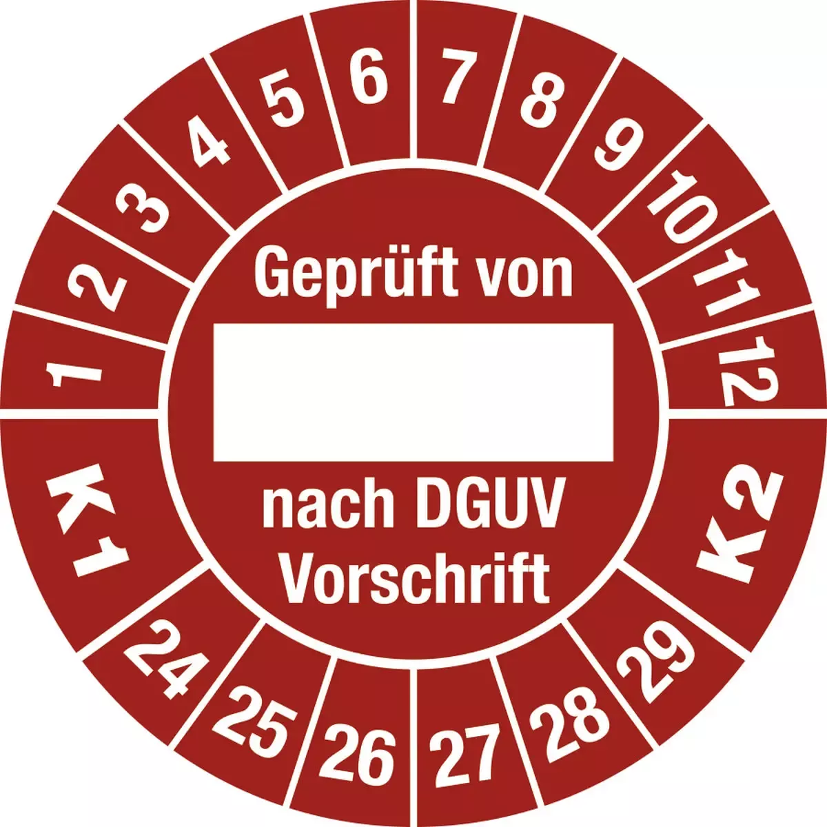Hinweisschilder Prüfplakette Geprüft...DGUV...K1 K2, 2024 - 2029, Folie, Ø 30 mm, 10 Stück Bogen für Warnen und hinweisen