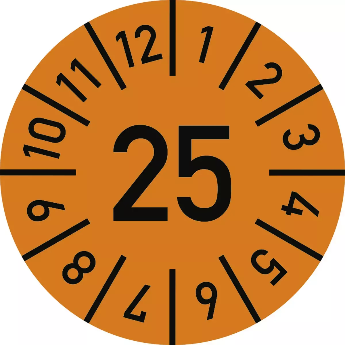 Hinweisschilder Prüfplakette Jahr 25 mit Monaten, orange, Folie, Ø 10 mm, 10 St. Bo. für Warnen und hinweisen