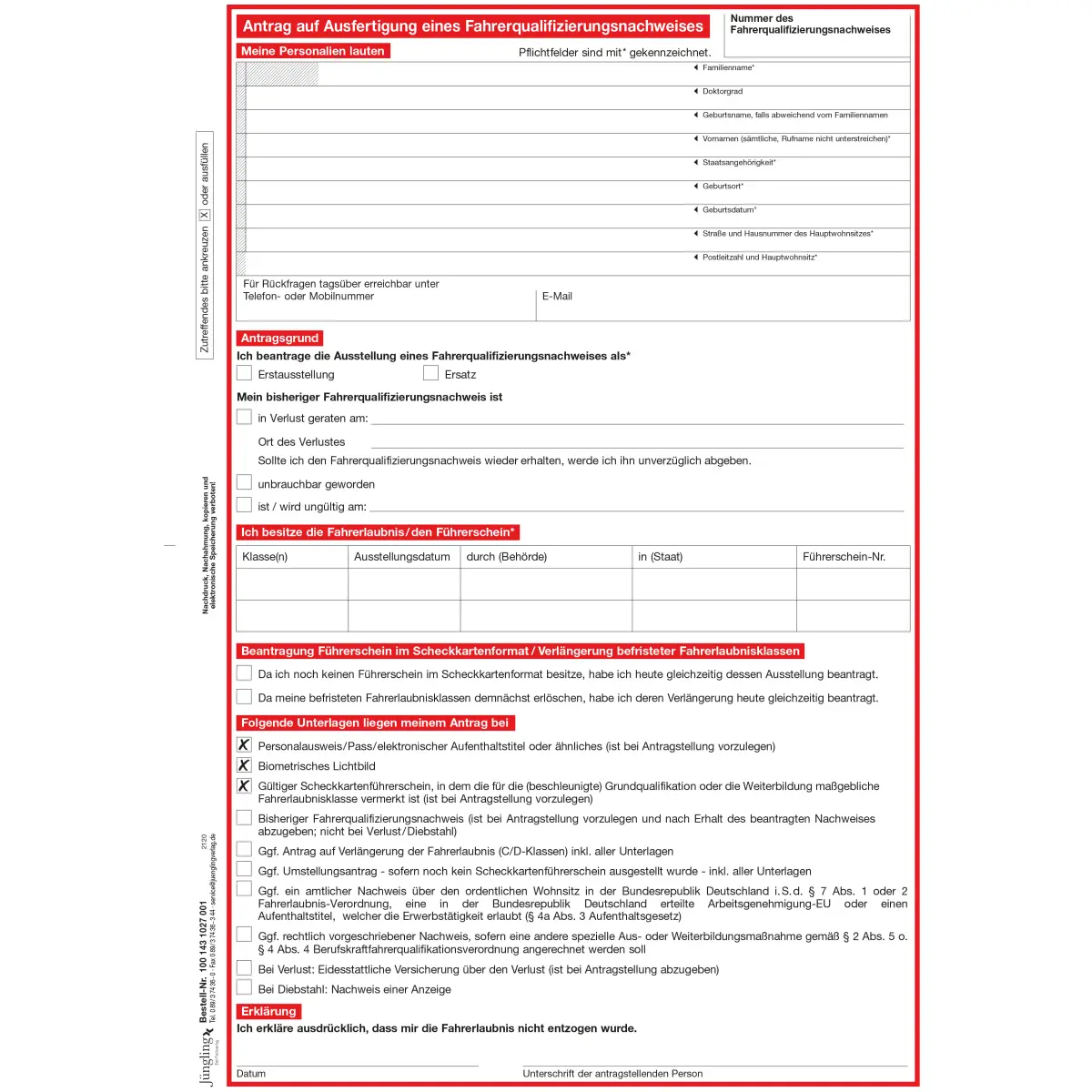 Formulare und Vordrucke Antrag auf Ausfertigung eines Fahrerqualifizierungsnachweises, 25 Stück für Bürobedarf