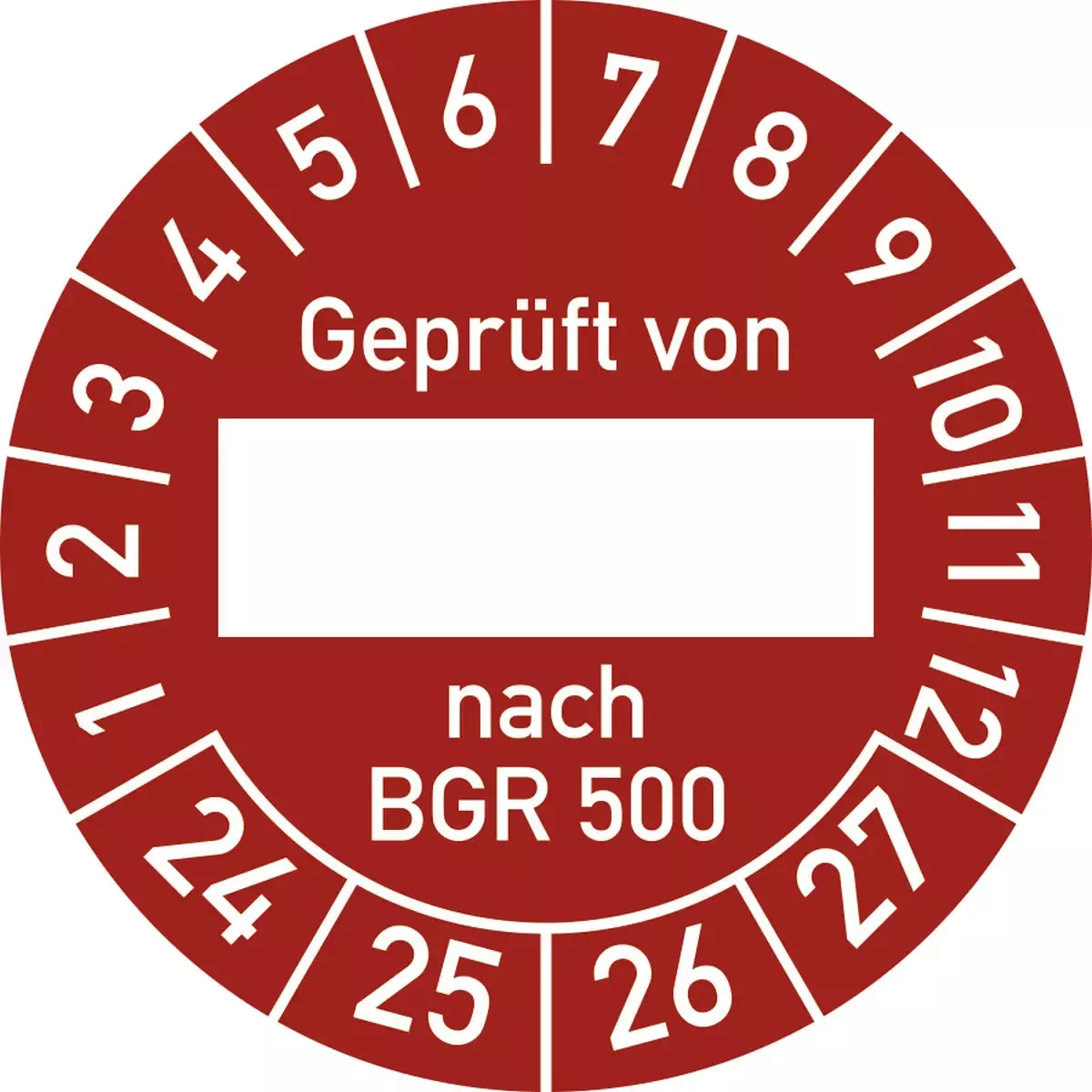 Hinweisschilder Prüfplakette Geprüft von nach BGR 500 2024-2027, Folie, Ø 30 mm, 10 Stück Bogen für Warnen und hinweisen
