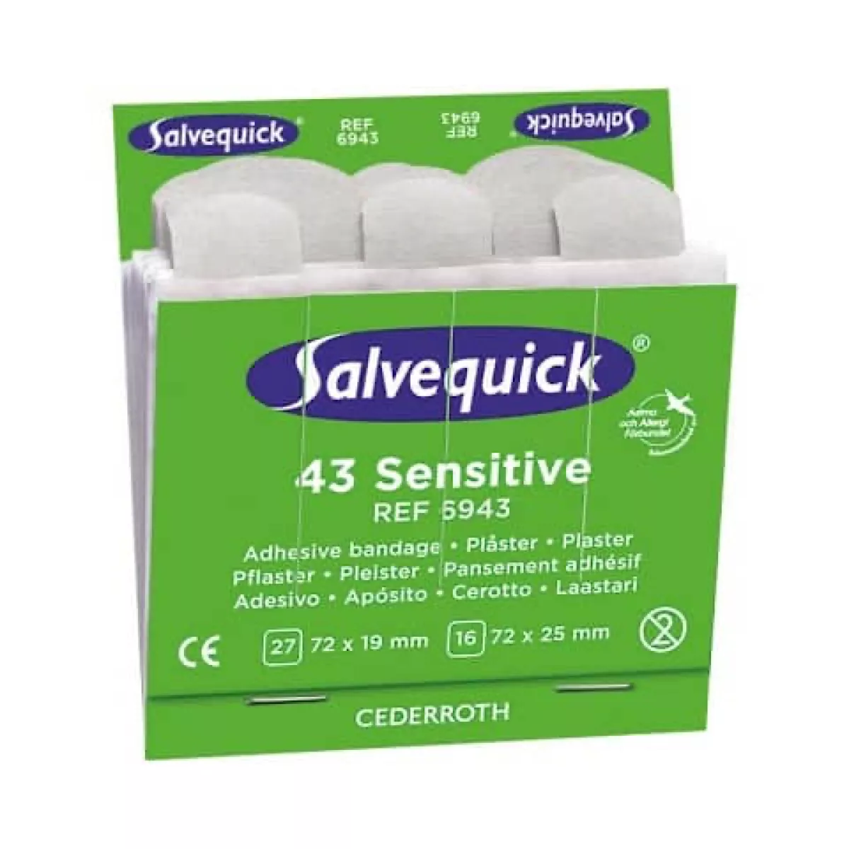 Salvequick Pflasterspender Refill-Einsatz 6943 mit 6 x 43 St. Sensitiv-Polyurethan-Pflaster aus weißen elastischem und wasserabweisende Textil