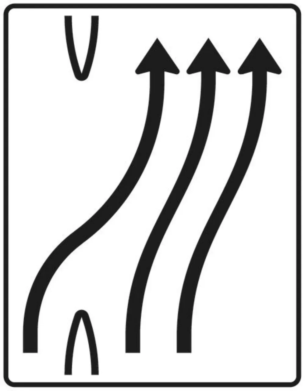 Verkehrszeichen 501-24 Überleitungstafel - ohne Gegenverkehr - dreistreifig nach rechts, ein Fahrstreifen übergeleitet - 1600x1250 Alform RA2