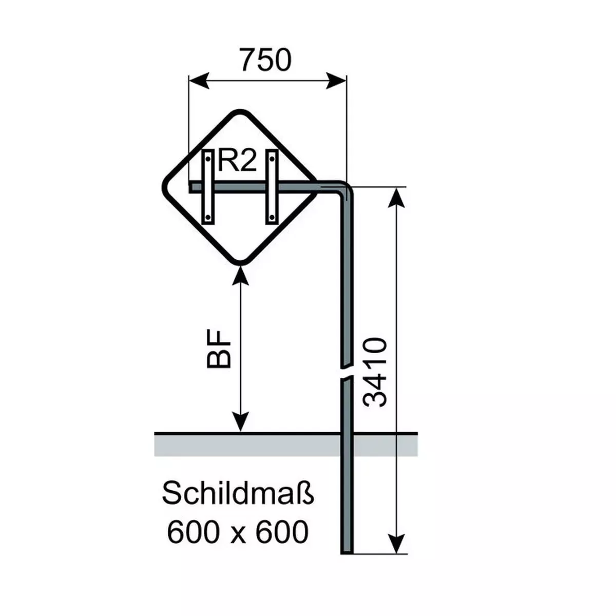 Ausleger-Rohrpfosten für Schildmaß 600x600 mm, Standrohr 3410x60,3/2,9 mm verzinkt
